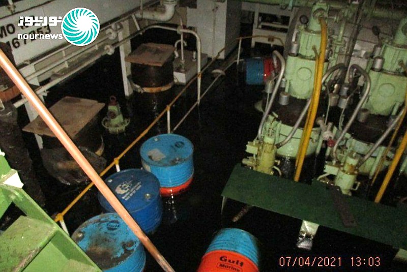 This photo released by Nournews on Thursday, April 8, 2021, shows the flooded engine room of the Iranian ship MV Saviz after being attacked in Red Sea off Yemen. An attack Tuesday on the Iranian cargo ship said to serve as a floating base for its paramilitary Revolutionary Guard off Yemen has escalated a yearslong shadow war on Mideast waters, just as world powers negotiate over Tehran's tattered nuclear deal. (Nournews via AP)