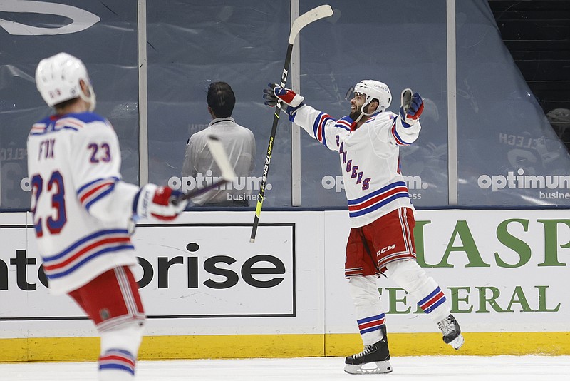 New York Rangers' Colin Blackwell (43) celebrates after scoring against the New York Islanders during the second period of Friday's game in Uniondale, N.Y. - Photo by Jason DeCrow of The Associated Press