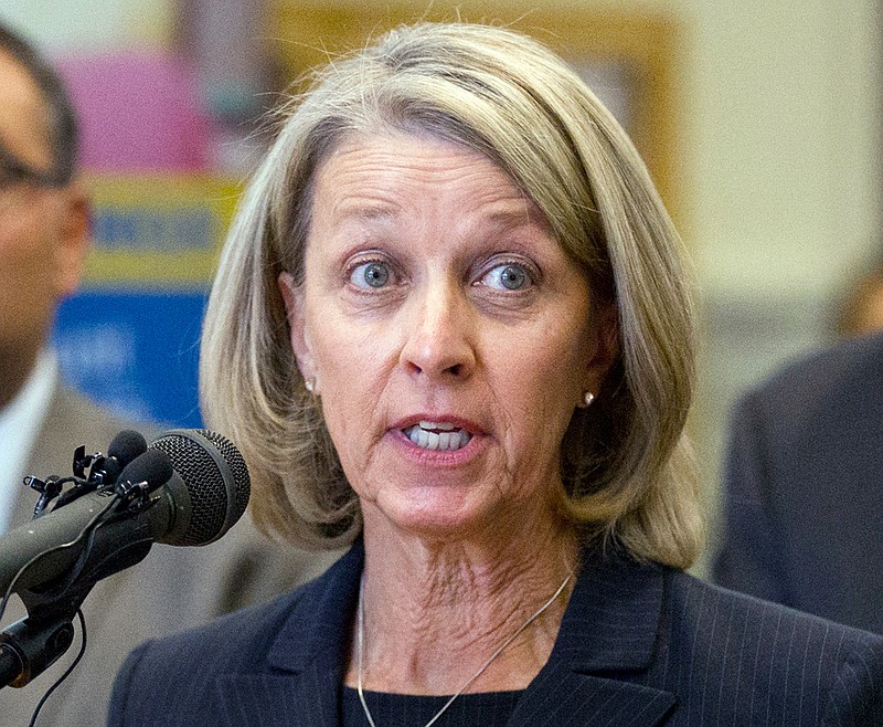 FILE - In this Oct. 18, 2016, file photo, Nevada's Secretary of State Barbara Cegavske speaks during a news conference in Las Vegas. Nevada's Republican Party voted to censure the secretary of state, accusing her of failing to fully investigate allegations of fraud in the 2020 election. She says there was no fraud and that her own party is attacking her for refusing to "put my thumb on the scale of democracy." Cegavske, the only Republican statewide office holder in Nevada, said members of her party are disappointed with the election results and believe fraud occurred "despite a complete lack of evidence to support that belief." (Erik Verduzco/Las Vegas Review-Journal via AP, File)
