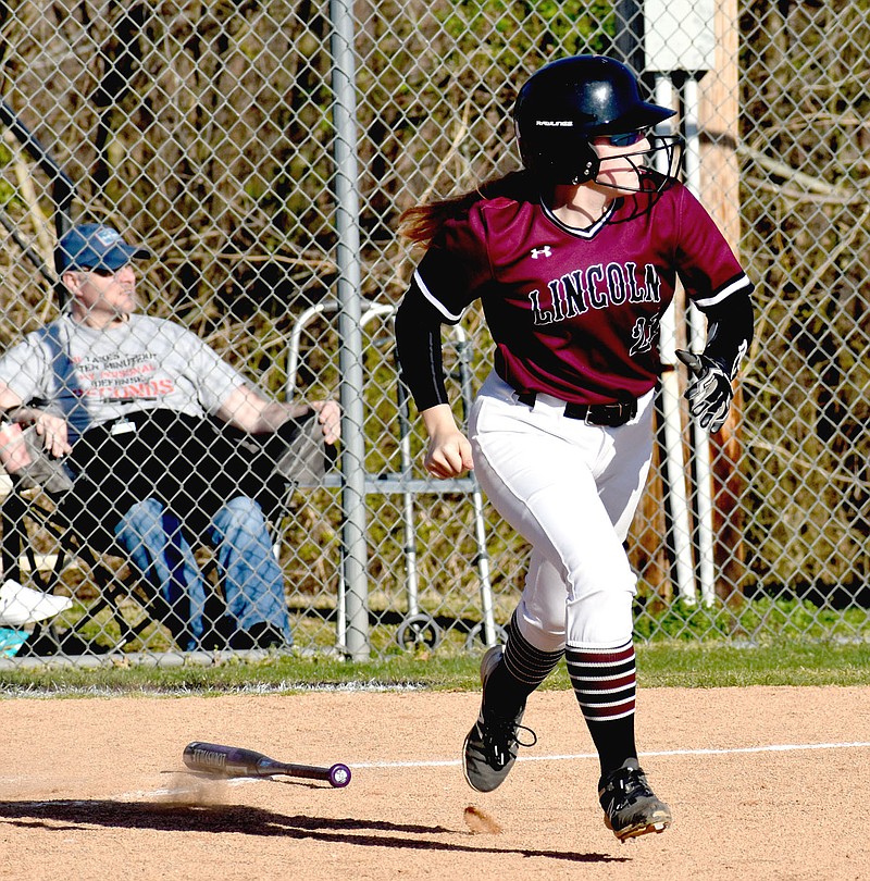 MARK HUMPHREY  ENTERPRISE-LEADER/Lincoln freshman Amber Bryant takes off for first. Base running has become an emphasis this season for the Lady Wolves, who scored a pile of runs on passed balls while sweeping Ozark, 13-3 and 11-1, on April 1.