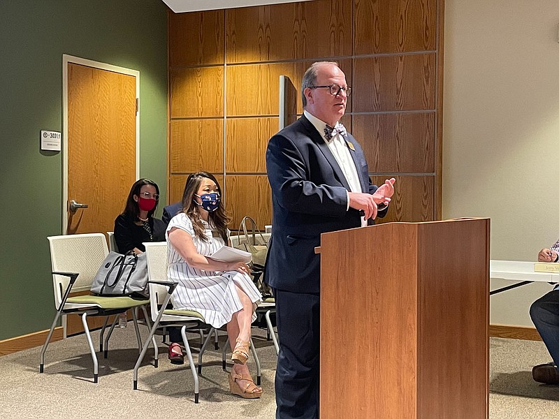 NWA Democrat-Gazette/DAVE PEROZEK Mark Wallenmeyer, dean of health professions at Northwest Arkansas Community College, addresses the college's board on Monday, April 12, 2021. Wallenmeyer provided an update on the covid-19 vaccination events that college staff and health professions students have participated in this year. He estimated faculty members and students have administered 22,500 vaccine doses.