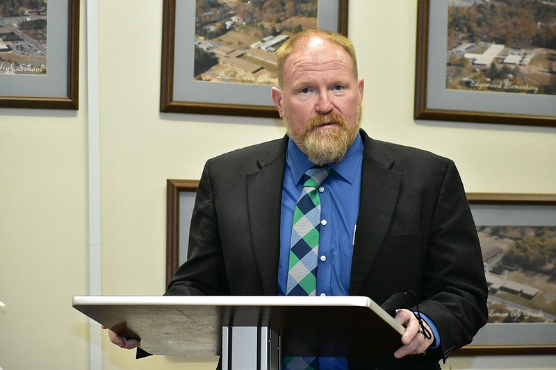 In this file photo then-incoming Watson Chapel School District Superintendent Andrew Curry addresses board members and visitors of a regular school board meeting. (Pine Bluff Commercial/I.C. Murrell)