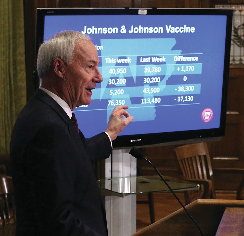 Gov. Asa Hutchinson announces that the state will follow CDC recommendations and pause using the Johnson & Johnson vaccines during the weekly covid-19 update on Tuesday, April 13, 2021, at the state Capitol in Little Rock. 
More photos at www.arkansasonline.com/414gov/
(Arkansas Democrat-Gazette/Thomas Metthe)