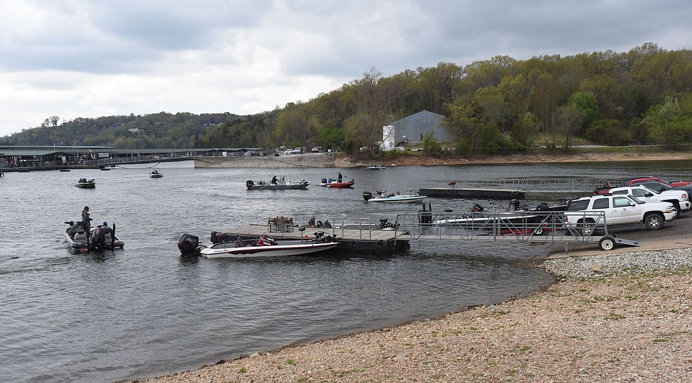 Anglers arrive for the final weigh-in and awards ceremony of the 9th annual Pagnozzi Parker Charity Big Bass Tournament held April 17 2021 at Beaver Lake.
(NWA Democrat-Gazette/Flip Putthoff)