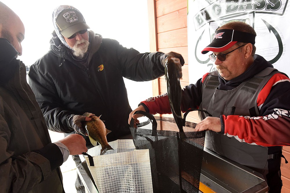David Rickey Jr. (center) brings some fish in for Shannan Moseley to weigh.
(NWA Democrat-Gazette/Flip Putthoff)