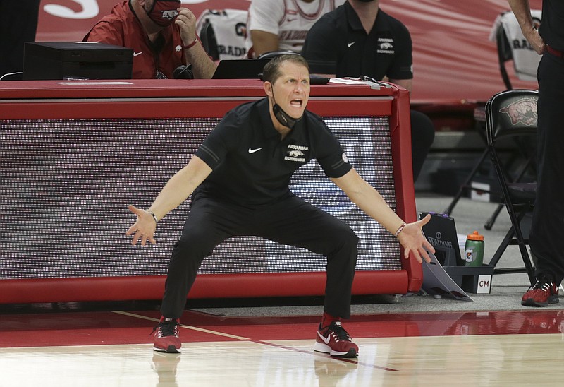 Arkansas head coach Eric Musselman reacts during the second half of a Feb. 27 game at Bud Walton Arena in Fayetteville. - Photo by Charlie Kaijo of NWA Democrat-Gazette