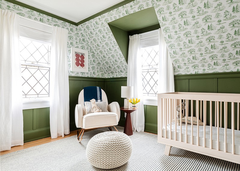 Peel-and-stick wallpaper is a beautiful and adjustable option for renters. Pictured here isTree Toile in green by Chasing Paper by Carrie Shyrock, from $40. (Anna Spaller via The Washington Post)