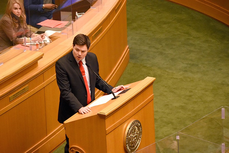 Rep. David Ray, R-Maumelle, explains HJR1005, a constitutional amendment to be known as the constitutional amendment and ballot initiative reform amendment, during the House session Thursday, April 15, 2021 at the state Capitol in Little Rock.
(Arkansas Democrat-Gazette/Staci Vandagriff)