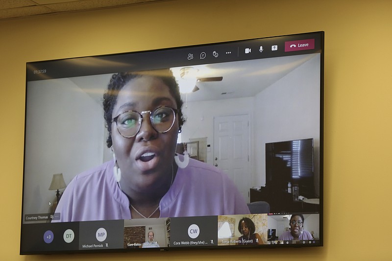 Courtney Thomas speaks via video about a bill she sponsored that would expand voting in the state on Thursday, April 15, 2021, in Columbia, S.C. Republicans held a hearing on the bill, but only allowed less than an hour of testimony. (AP Photo/Jeffrey Collins).