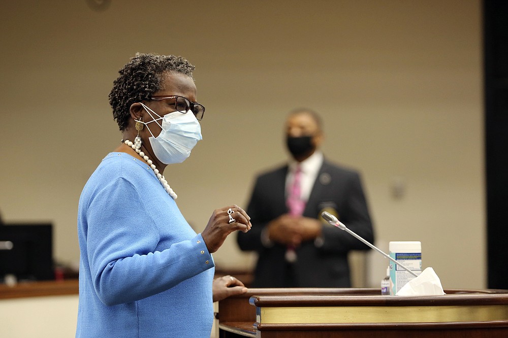 State Rep. Gilda Cobb-Hunter, D-Orangeburg, speaks about a bill she sponsored that would expand voting in the South Carolina, Thursday, April 15, 2021, in Columbia, S.C. Republicans held a hearing on the bill, but only allowed less than an hour of testimony. (AP Photo/Jeffrey Collins)