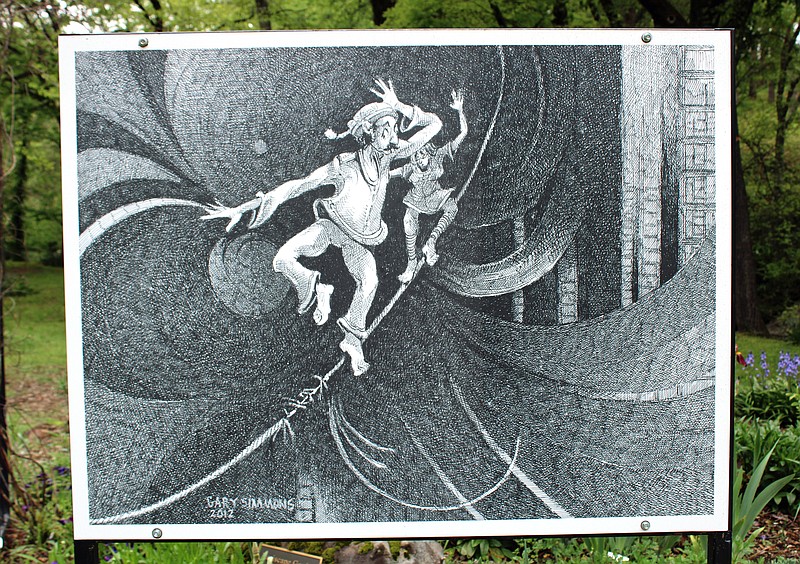 Artwork created by Gary Simmons was reprinted on a metal sign and posted on the Hot Springs Creek Greenway Trail in 2020 as part of the “Art Moves” installation. - Photo by Tanner Newton of The Sentinel-Record