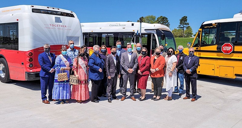 Photo submitted
The Cherokee Nation on Monday unveiled its first public, rural eco-friendly electric buses to transport employees and tribal citizens to work and tribal health centers, and its first electric school bus, which is the first of its kind in the state of Oklahoma.