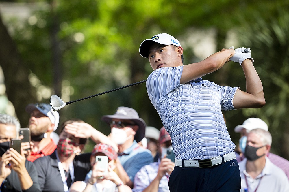 Collin Morikawa follows his drive down the 16th fairway during the third round of the RBC Heritage golf tournament in Hilton Head Island, S.C., Saturday, April 17, 2021. (AP Photo/Stephen B. Morton)