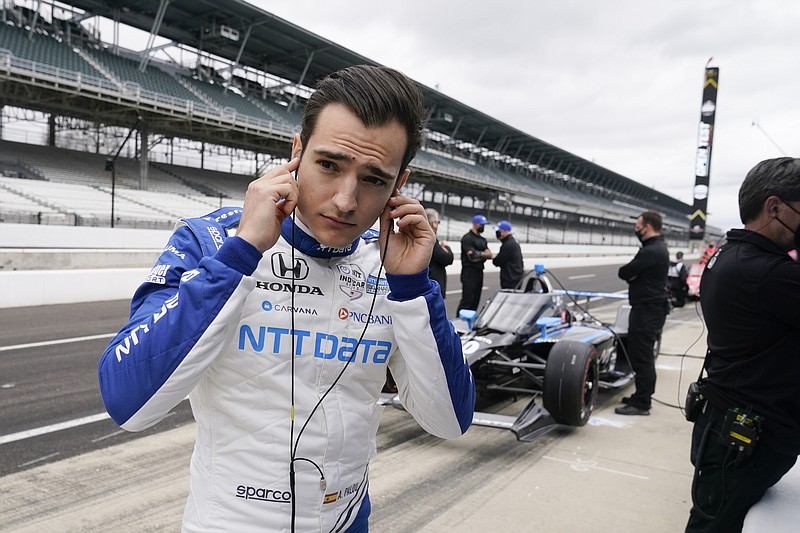 Alex Palou, of Spain, prepares for testing at the Indianapolis Motor Speedway, Thursday, April 8, 2021, in Indianapolis. (AP Photo/Darron Cummings)