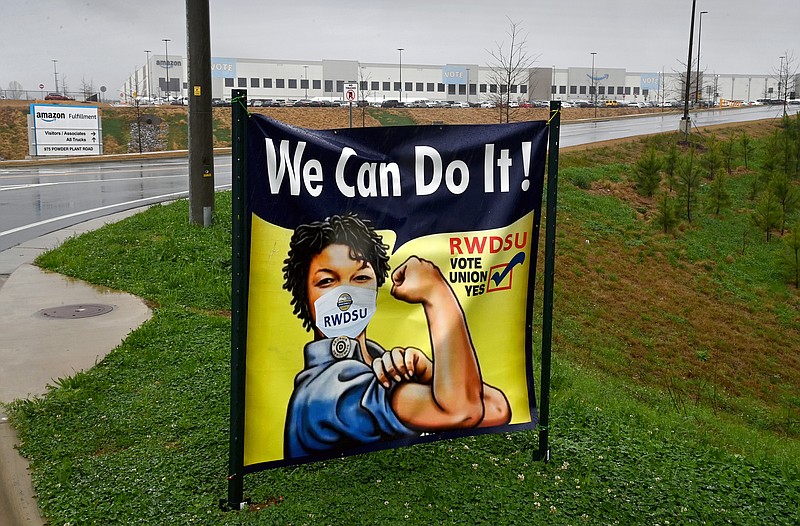 A sign at the entrance to an Amazon warehouse in Bessemer, Ala., where workers rejected unionization in a vote that ended March 29. MUST CREDIT: Washington Post photo by Michael S. Williamson
