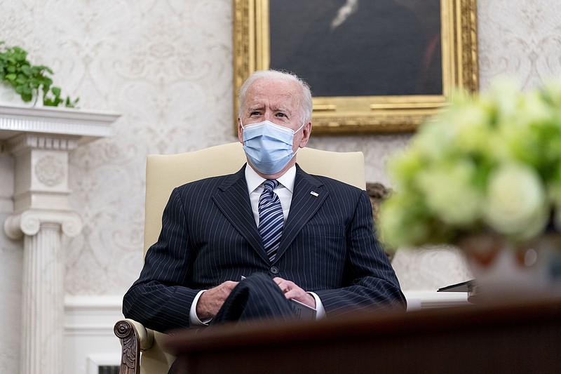 President Joe Biden meets with members of congress to discuss his jobs plan in the Oval Office of the White House in Washington, Monday, April 19, 2021. (AP Photo/Andrew Harnik)