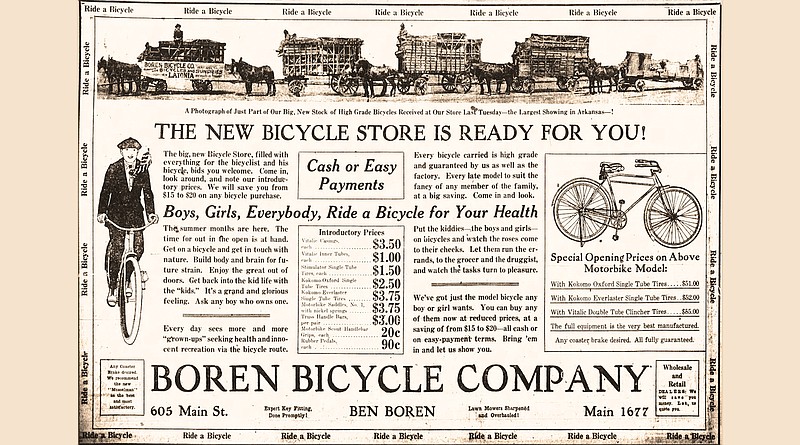 The Boren Bicycle Co. announces it is open for business at 605 Main St. Ad from the April 29, 1921, Arkansas Gazette. Note the shipment of bicycle stock in the photo at the top.  (Arkansas Democrat-Gazette)