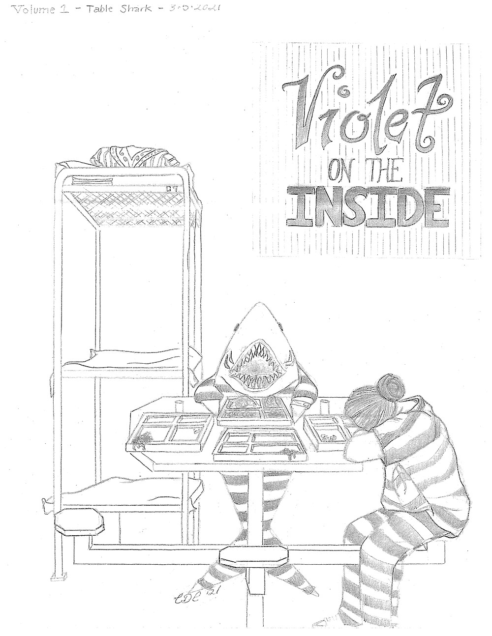 Celina Coleman is working on a series of drawings that depict her life while incarcerated for a collection she’s calling “Violet on the Inside.” This drawing is called “Table Shark.” “Oftentimes in these jail settings, there are a few individuals that ‘shark out’ others’ trays to satisfy their un-ending hunger inflicted by boredom,” she says of this drawing. Coleman says that people new to incarceration are often anxious and can’t eat, while those who have been in the setting for a while are always on the hunt for extra food.