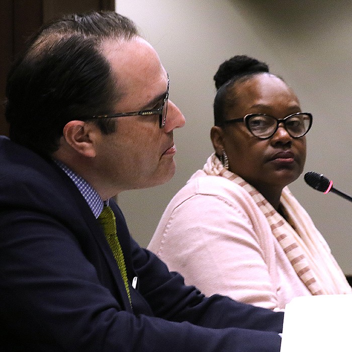 During the House Rules Committee meeting Wednesday, Carlton Saffa, chief marketing officer for Saracen Casino Resort, speaks against a bill by Rep. Vivian Flowers (right), D-Pine Bluff, that would create a casino oversight committee. The measure, House Bill 1915, failed to gain committee support on a divided voice vote.
(Arkansas Democrat-Gazette/Thomas Metthe)