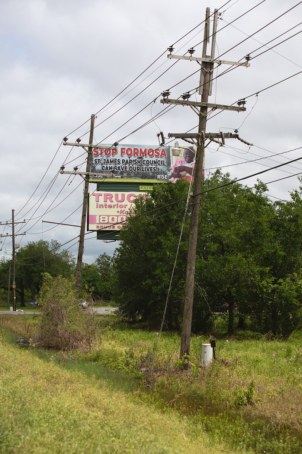 A billboard in St. James Parish, Louisiana, makes clear the local opposition to Formosa's proposed plant. MUST CREDIT: Photo for The Washington Post by Camille Lenain