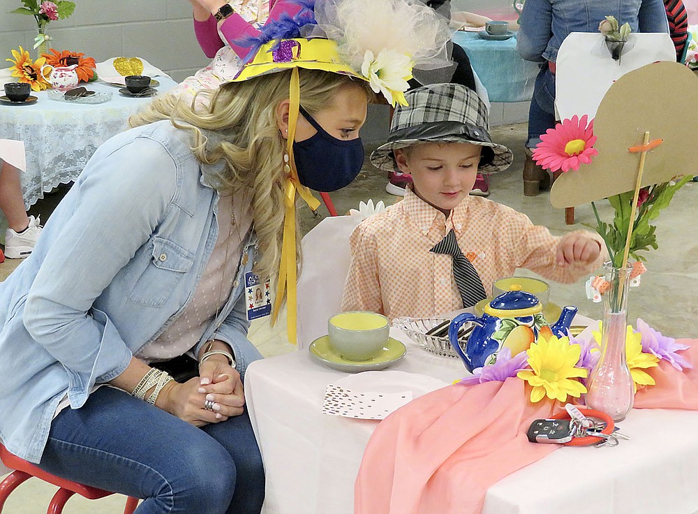 Westside Eagle Observer/RANDY MOLL
Rachel Smith enjoys tea time together with her son Carter at the Mommy and Me Tea Party held at the Gentry Early Learning Academy on Friday.