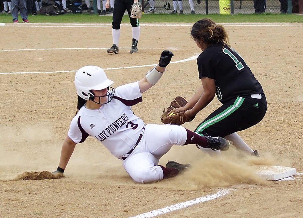Westside Eagle Observer/RANDY MOLL
Gentry's Afton Finnell slides into third base just ahead of the throw during play against Van Buren at the Merrill Reynolds Memorial Complex at Gentry High School on Thursday.