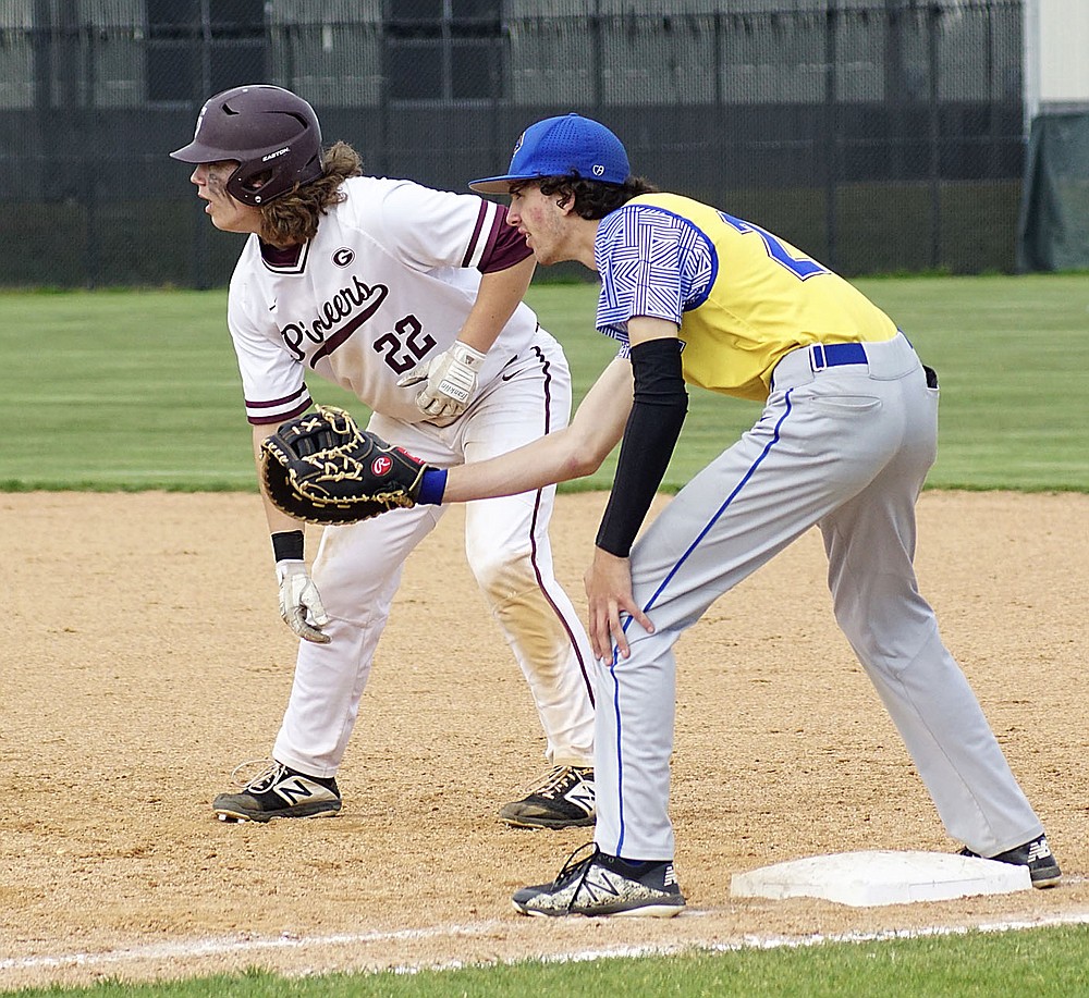 Westside Eagle Observer/RANDY MOLL
Both Gentry's Crafton Beeler and the Cedarville first baseman watch the pitcher for the throw during Thursday's game at the Merrill Reynolds Memorial Complex at Gentry High School.