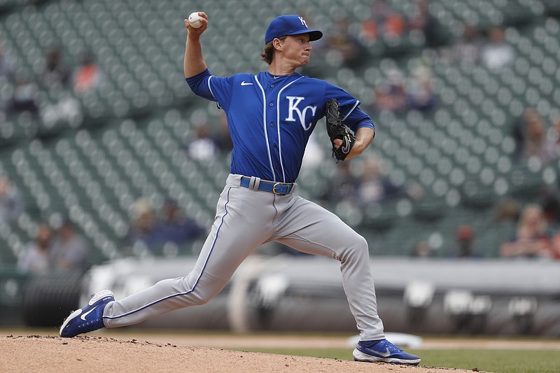 Kansas City Royals' Brady Singer pitches to a Detroit Tigers batter during the first inning of a baseball game in Detroit, Saturday, April 24, 2021. (AP Photo/Raj Mehta)