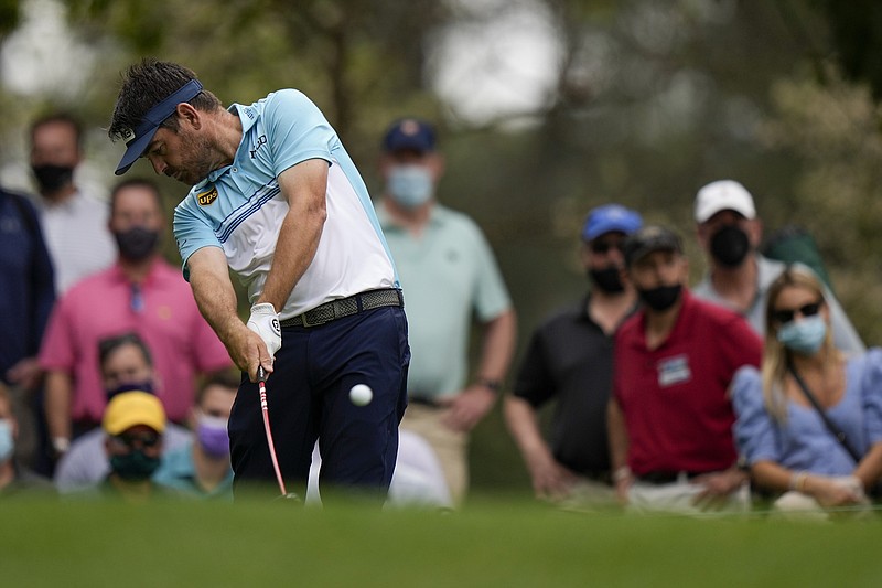 Louis Oosthuizen, of South Africa, tees off on the fourth hole during the second round of the Masters golf tournament on Friday, April 9, 2021, in Augusta, Ga. (AP Photo/Matt Slocum)