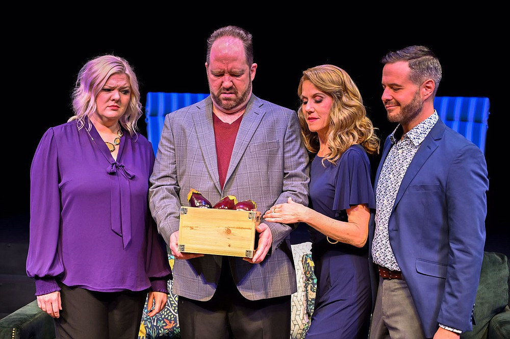 Corky (Stephanie Whitcomb, left) and Norm (Scott Kammerzell, second from left) aren’t sure what to make of the unusual gift of eggplant that’s appeared along with two unusual guests, Laura (Amy Eversole) and Gerald (Joseph Farmer) in the Arkansas Public Theatre 2020 production of Steve Martin’s “Meteor Shower.” The show was ready to open when the pandemic shut down live theater. Now it’s back on the APT schedule for Season 36. Director Ed McClure hopes to have the same cast.
(Courtesy Photo/APT)