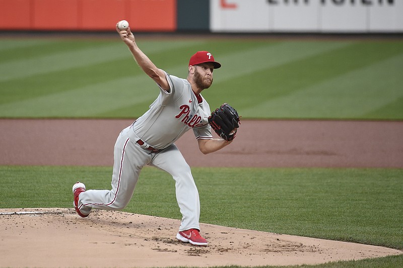 Philadelphia Phillies starting pitcher Zack Wheeler throws during the first inning of a baseball game against the St. Louis Cardinals Monday, April 26, 2021, in St. Louis. (AP Photo/Joe Puetz)