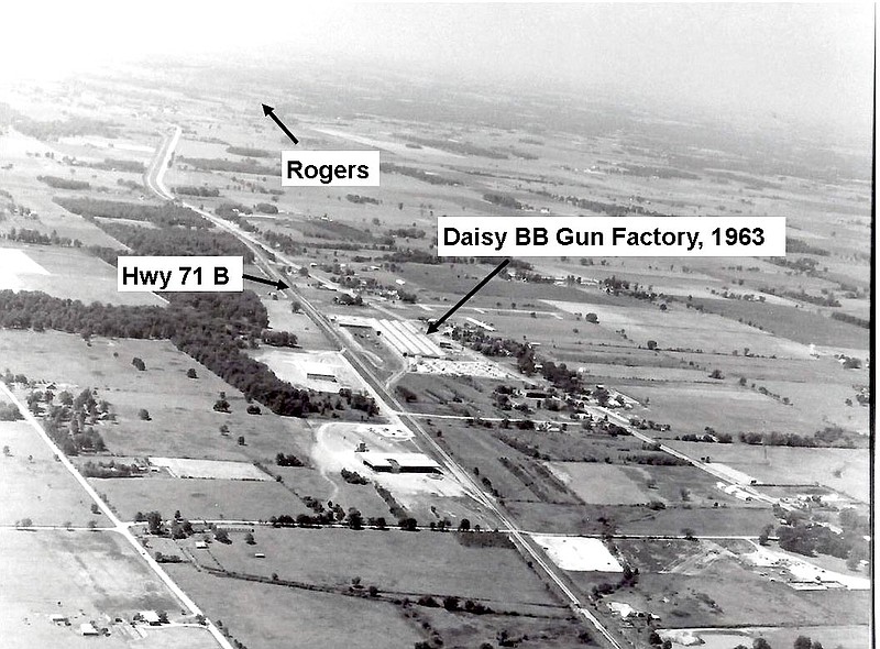 Aerial photo of Daisy Plant June 28, 1963. The factory and offices were on U.S 71S a few blocks south of New Hope Road. Rogers is at the far top left of the picture. Notice how far out in the country Daisy was in 1963.

(Courtesy photo/Rogers Historical Museum)