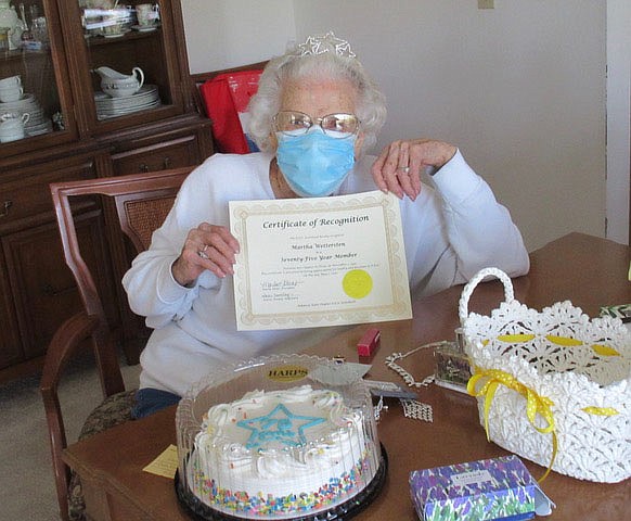 On Monday, April 19, Chapter CD, Bella Vista Chapter of the P.E.O., celebrated Martha Wettersten’s 75 years of membership in P.E.O. Because of the pandemic, the chapter waited 14 months to present her with her certificate to celebrate her milestone which occurred in 2020. Martha says she is eager to resume in-person meetings, as are the rest of the members.

Photo submitted