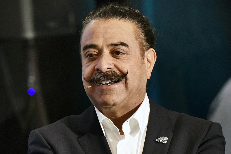 FILE - Jacksonville Jaguars owner Shad Khan speaks at EverBank Field in Jacksonville, Fla., in this March 8, 2017, file photo. It’s easy to see owner Shad Khan’s excitement and enthusiasm for the Jacksonville Jaguars these days. He’s laughing, cracking jokes, taking subtle shots at the previous coach/general manager regime. “It’s unbelievable,” Khan said Tuesday, April 27, 2021, two days before Jacksonville is set to select Clemson quarterback Trevor Lawrence with the first pick in the NFL draft. “If this isn’t a moment to enjoy for me and for all the Jags fans, you need more coffee or you need something else. This is a great-to-be-alive kind of moment, frankly.” (Will Dickey/The Florida Times-Union via AP, File)