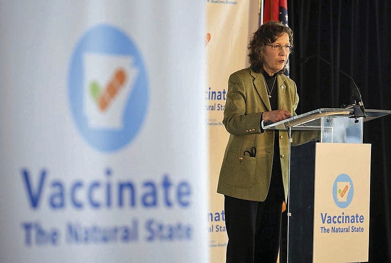 Dr. Jennifer Dillaha, state epidemiologist with the Arkansas Department of Health, speaks Feb. 22 in Little Rock during a press conference to announce a new initiative to educate Arkansans on the benefits of the COVID-19 vaccine. - Photo by Staton Breidenthal of the Arkansas Democrat-Gazette