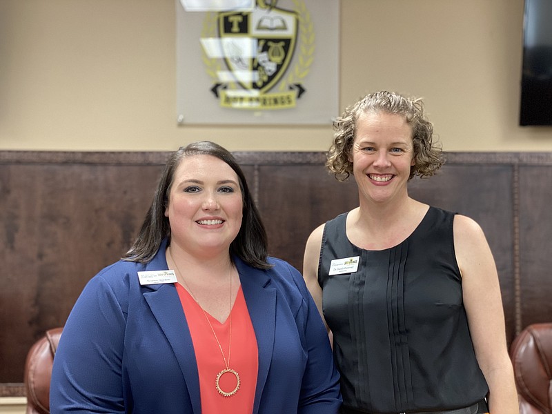 Kristen Gordon, Main Street Visual and Performing Arts Magnet School principal, left, and Sarah Oatsvall, Park Magnet principal, talk about the two schools being named Capturing Kids’ Hearts National Showcase Schools. - Photo by John Anderson of The Sentinel-Record