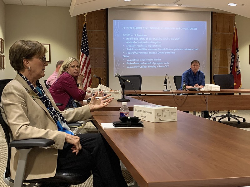 Evelyn Jorgenson, Northwest Arkansas Community College president, discusses the proposed 2021 budget Friday with the Board of Trustees. (NWA Democrat-Gazette/Mary Jordan)