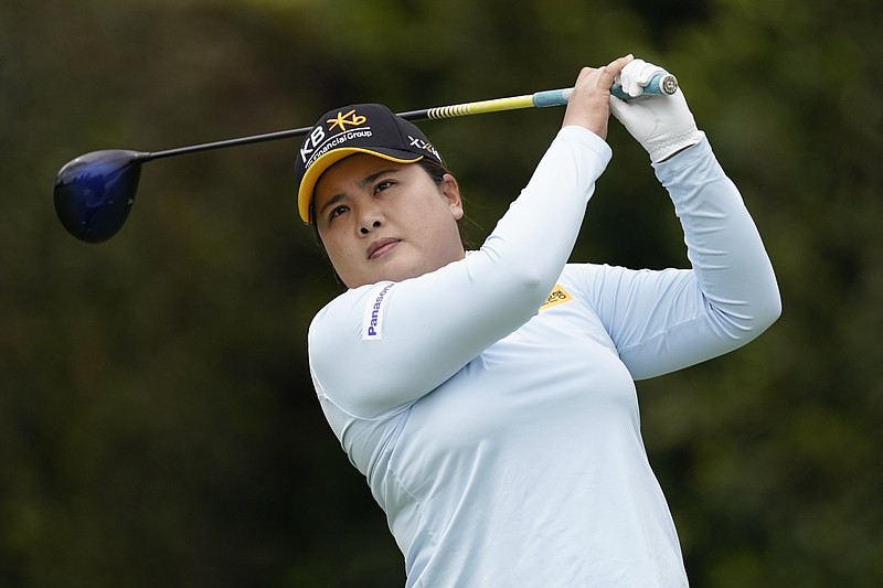 Inbee Park tees off at the second hole during the final round of the LPGA's Hugel-Air Premia LA Open golf tournament at Wilshire Country Club Saturday, April 24, 2021, in Los Angeles. (AP Photo/Ashley Landis)