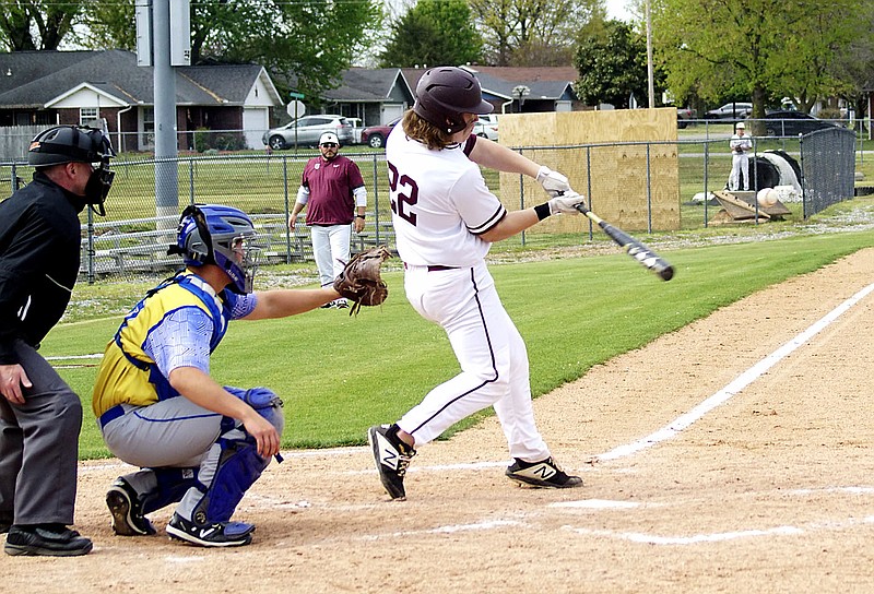 Westside Eagle Observer file photo/RANDY MOLL
Gentry's Crafton Beeler connects with a pitch during play against Cedarville on April 22. Beeler led the Pioneers with his bat in play against Harrison last week.