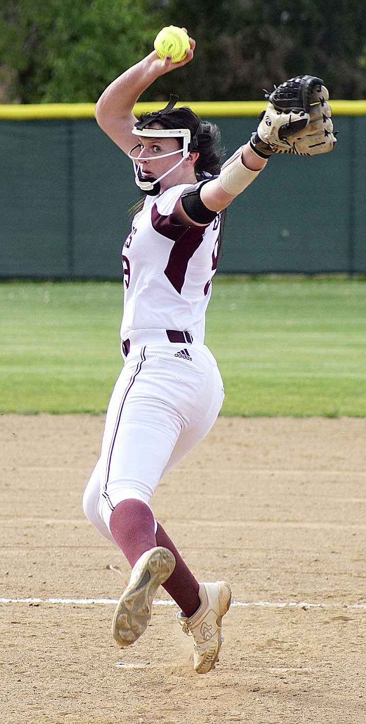 Westside Eagle Observer file photo/RANDY MOLL
Gentry's Kyleigh Wheaton throws a pitch during play against Van Buren at the Merrill Reynolds Memorial Complex at Gentry High School on Thursday.