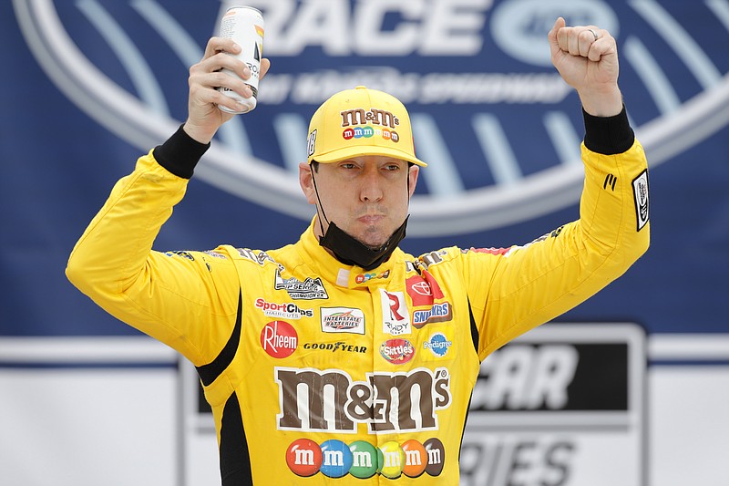 Kyle Busch celebrates in Victory Lane after winning a NASCAR Cup Series auto race at Kansas Speedway in Kansas City, Kan., Sunday, May 2, 2021. (AP Photo/Colin E. Braley)