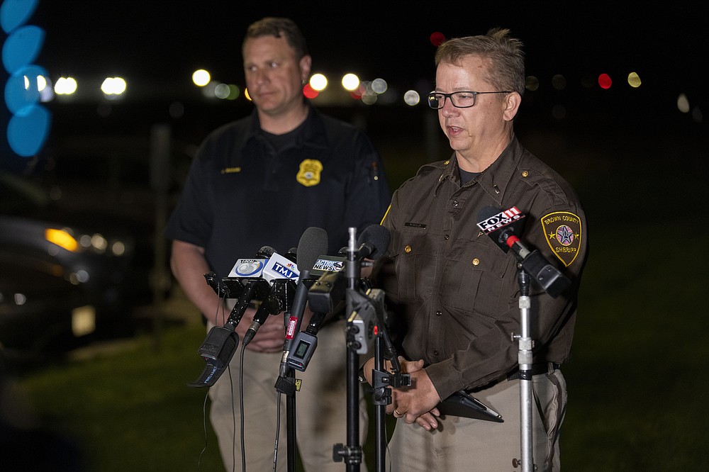 Lt. Kevin Pawlak of the Brown County Sheriff's Office talks to the media about a shooting incident with multiple fatalities at the Oneida Casino near Green Bay, Wis on Saturday May 1, 2021. Authorities in Wisconsin say a gunman killed two people at the casino restaurant and seriously wounded a third before he was shot and killed by police Saturday. (AP Photo/Mike Roemer)