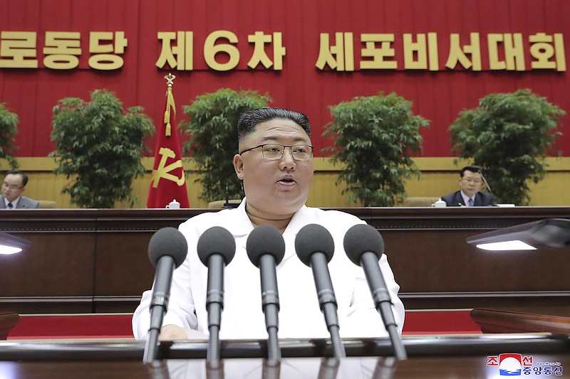 In this photo provided by the North Korean government, North Korean leader Kim Jong Un delivers a closing speech at the Sixth Conference of Cell Secretaries of the Workers' Party of Korea in Pyongyang, North Korea, Thursday, April 8, 2021. Independent journalists were not given access to cover the event depicted in this image distributed by the North Korean government. The content of this image is as provided and cannot be independently verified. Korean language watermark on image as provided by source reads: "KCNA" which is the abbreviation for Korean Central News Agency. - Korean Central News Agency/Korea News Service via AP