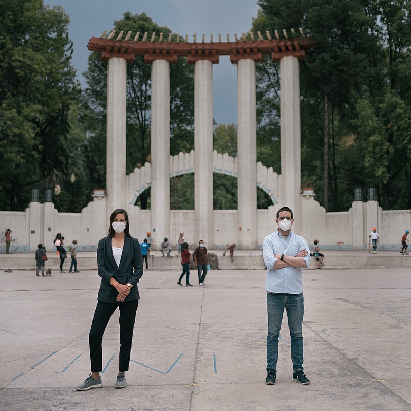 Economic consultant Laurianne Despeghel and software developer Mario Romero Zavala pose for a portrait at a park in Mexico City's Condesa neighborhood. MUST CREDIT: Photo for The Washington Post by Luis Antonio Rojas hoto by Luis Antonio Rojas for The Washington Post)