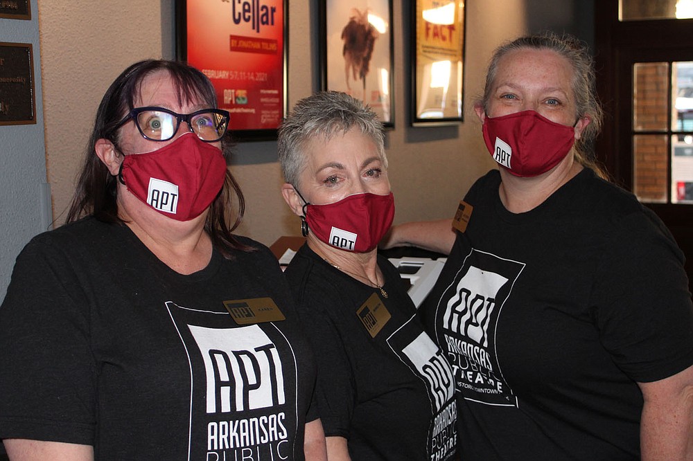 Karen Maxwell (from left), Marilyn Munger and Lisa Turpin welcome patrons to Arkansas Public Theatre’s SeasonLeaks! 36.
(NWA Democrat-Gazette/Carin Schoppmeyer)