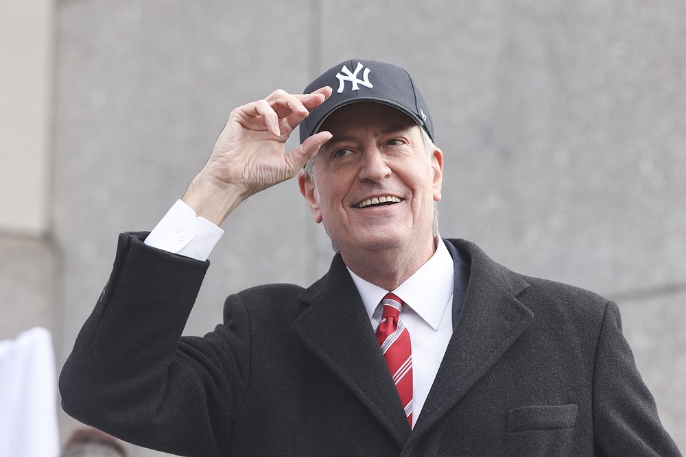 Bill de Blasio, mayor of New York, speaks during a news conference outside a vaccination hub inside Yankee Stadium in the Bronx borough of New York on Feb. 5, 2021. MUST CREDIT: Bloomberg photo by Angus Mordant.
