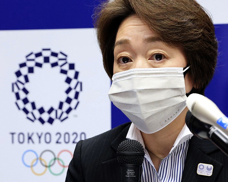 Seiko Hashimoto, president of the Tokyo 2020 Organizing Committee, speaks during a press conference Friday, May 7, 2021 in Tokyo, Japan. Hashimoto said Friday that a planned visit to Japan this month by IOC President Thomas Bach seemed unlikely with a state of emergency order being extended by the government to Tokyo and other areas until May 31.(Kyodo News via AP)