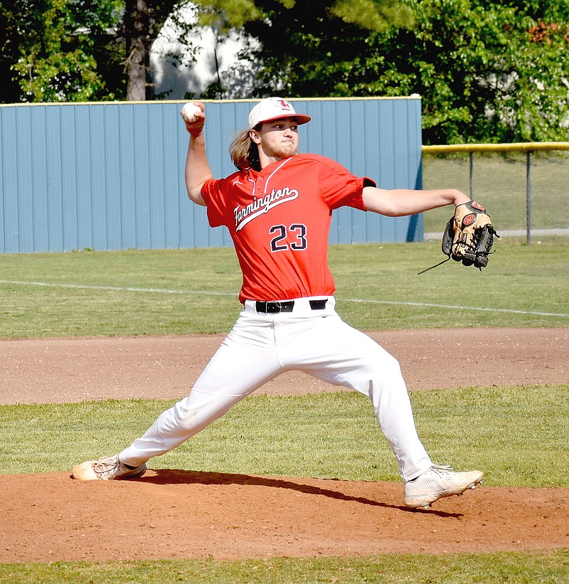 MARK HUMPHREY  ENTERPRISE-LEADER/Farmington senior Ethan Hodge started and led the Cardinals to a 4-1 semifinal win over Huntsville at the 4A North Regional baseball tournament held at Harrison's Jack Williams Field Friday. The Cardinals own a No. 1 seed going into this week's state tournament at Morrilton. They begin state play on Friday at 12:30 p.m.