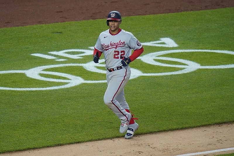 Washington Nationals' Juan Soto (22) runs the bases after hitting a two-run home run during the ninth inning of Friday's game against the New York Yankees in New York. - Photo by Frank Franklin II of The Associated Press