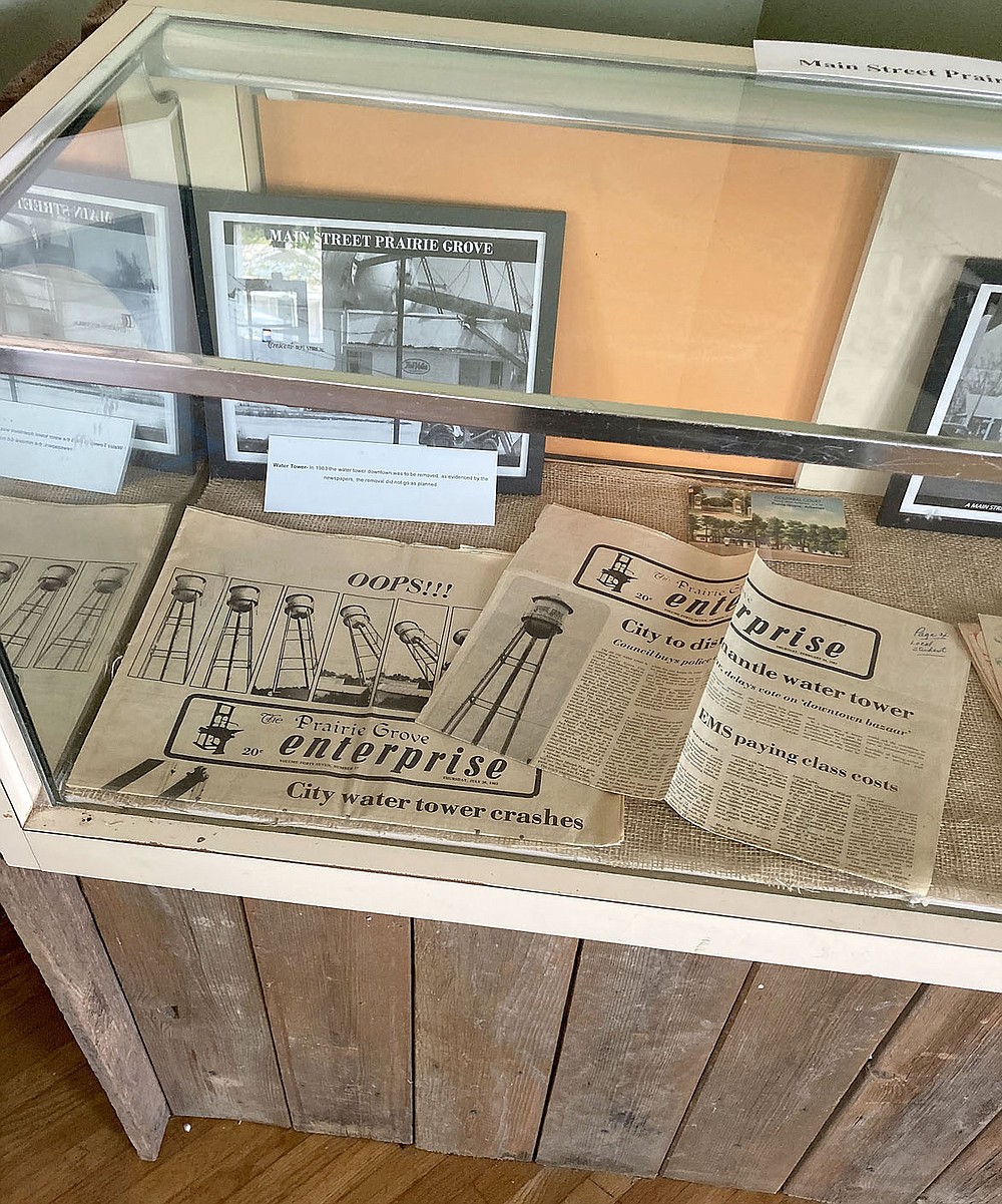 MAYLON RICE SPECIAL TO ENTERPRISE-LEADER
Prairie Grove Heritage Museum includes these copies of the former Prairie Grove Enterprise newspaper. This is the issue that was published when the city water tower crashed.